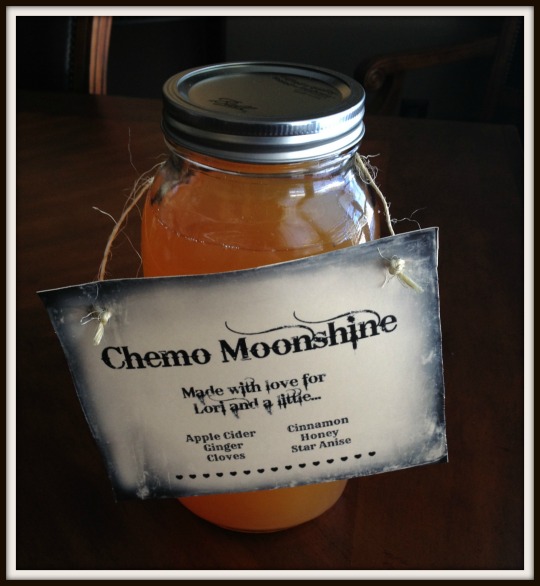 Chemo Moonshine: A fun way to present a natural nausea remedy recipe. Ginger, apple cider, cloves, honey or agave, star anise, and cinnamon help calm upset tummies.