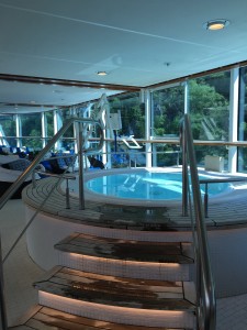 Celebrity Solstice Wheelchair Pool Lift to Solarium Hot Tub: seen to above and to the back of stairs